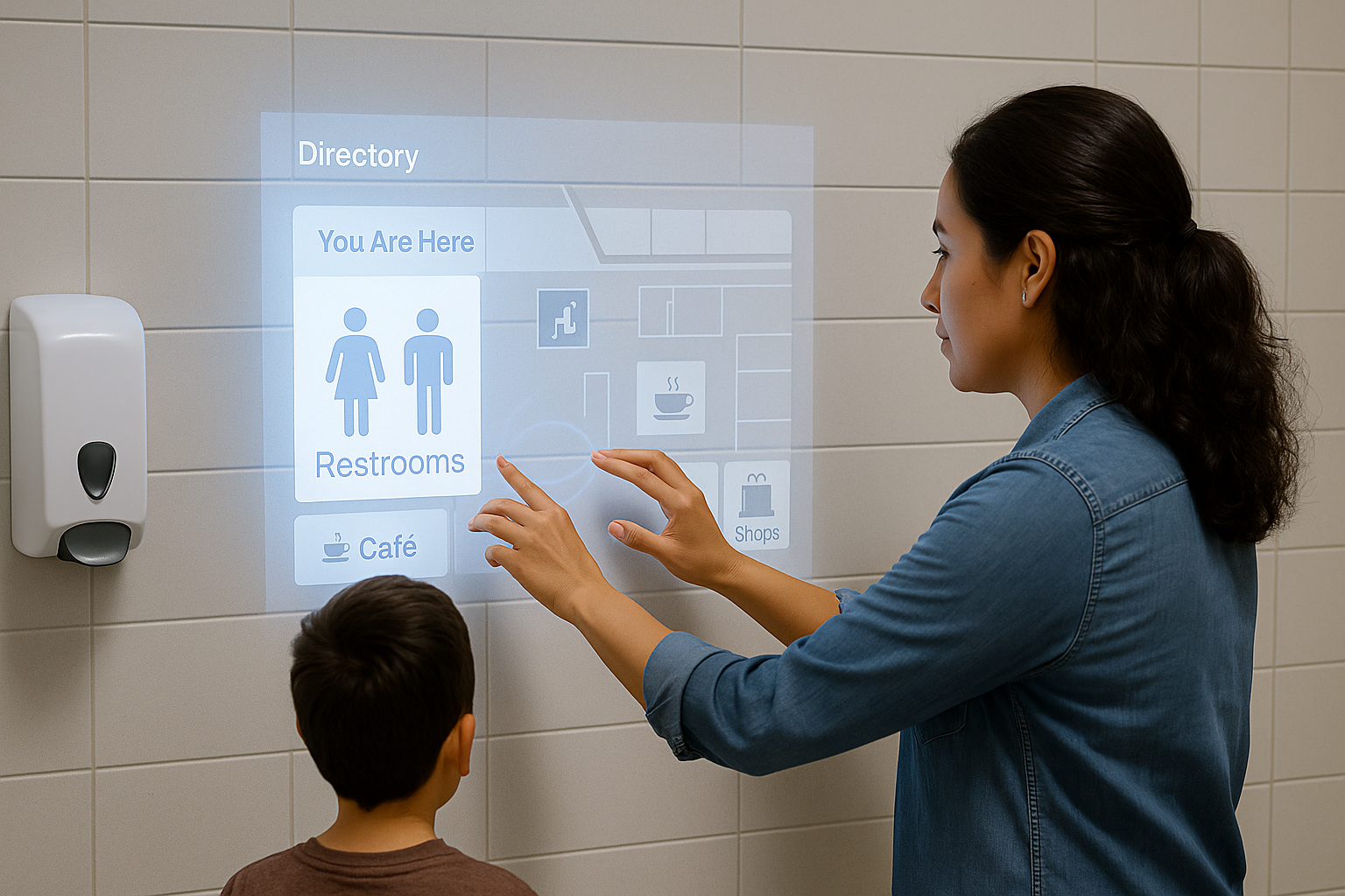 Construction works use touchscreen technology on job site.